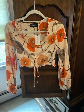 Cider Orange Floral Drawstring Cropped Blouse